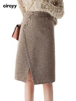 Houndstooth Skirts for Women Irregular High Waisted Casual Button Korean Fashion A-Line Skirt Mid-Calf Spring Clothing 5