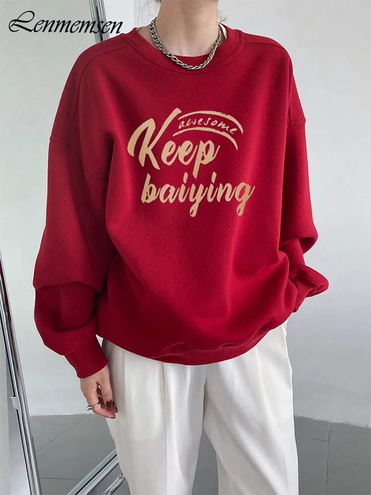 

Lenmemsen Oversized All-match Sweatshirt Women Spring New Cotton Long Sleeve Pullover Female Elegant Loose Letter Printed Jumper