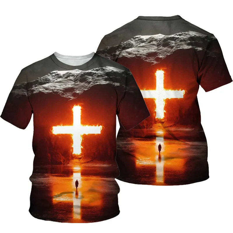 Men'S And Women'S 3d Cross Printed Short Sleeved T-Shirts, 10 Line Casual Short Sleeved,