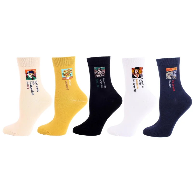 

5 Pairs Women Van Gogh Art Socks With Print Retro Oil Painting Casual Sock Autumn Winter Funny Cotton Socks