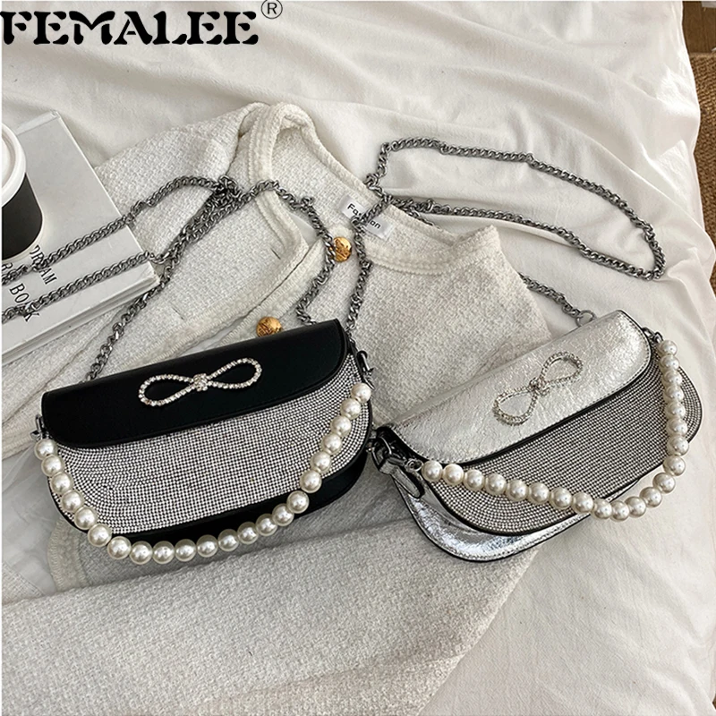 

Summer Fashion Bright Diamonds Handbag 2022 New Trendy Fashion Single Shoulder Messenger Bag Crystal Bow Pearls Chain Female Bag