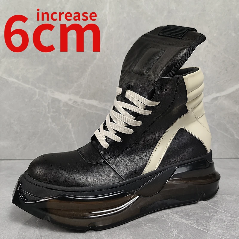 

European/American New Trendy Increasesd 6cm Motorcycle Boots High Top Shoes Genuine Leather Thick Soles Elevated Shoes Boots Men