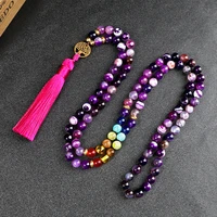 new fashion women tassel japamala necklaces 8mm purple crystal vintage 108 beads necklaces 7 chakra jewelry girl birthday gifts