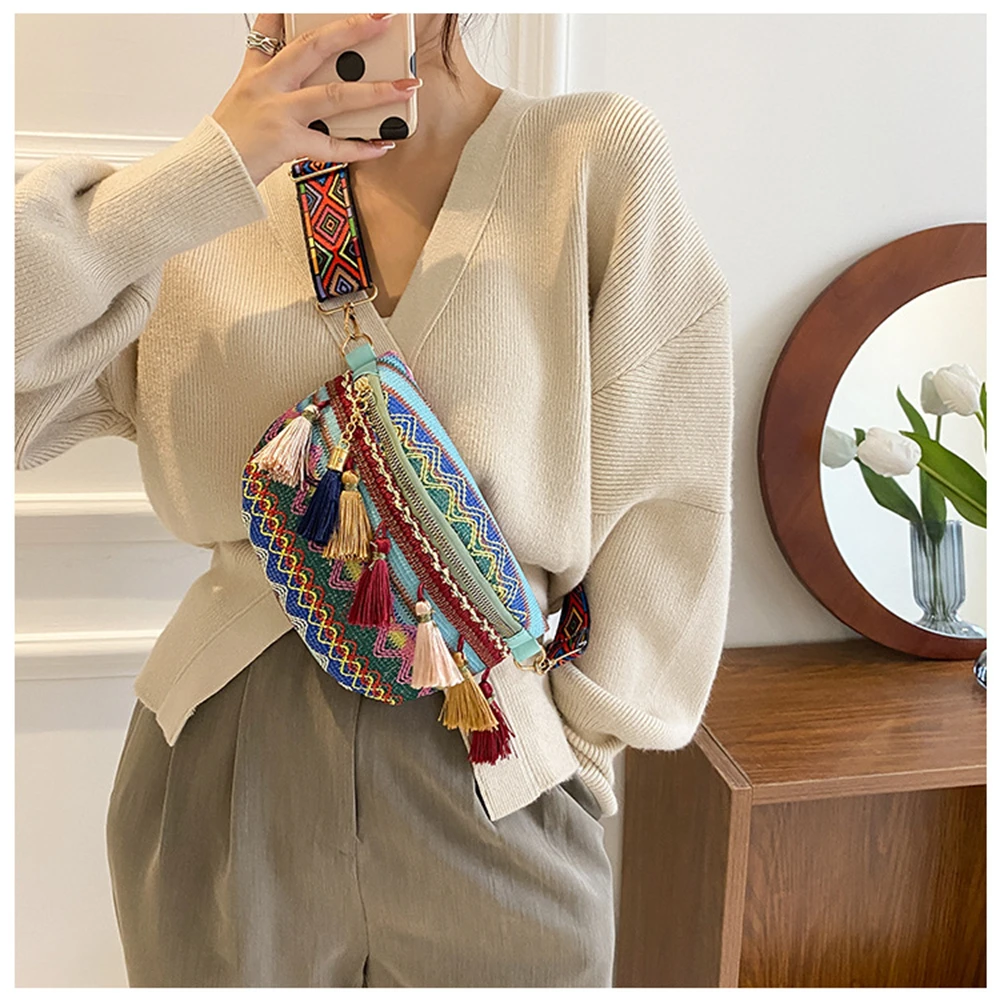 

Vintage National Bag Women Handwoven Tassel Straw Ethnic Chest Bag Hippie Crossbody Bags Adjustable Wide Shoulder Strap Handbag