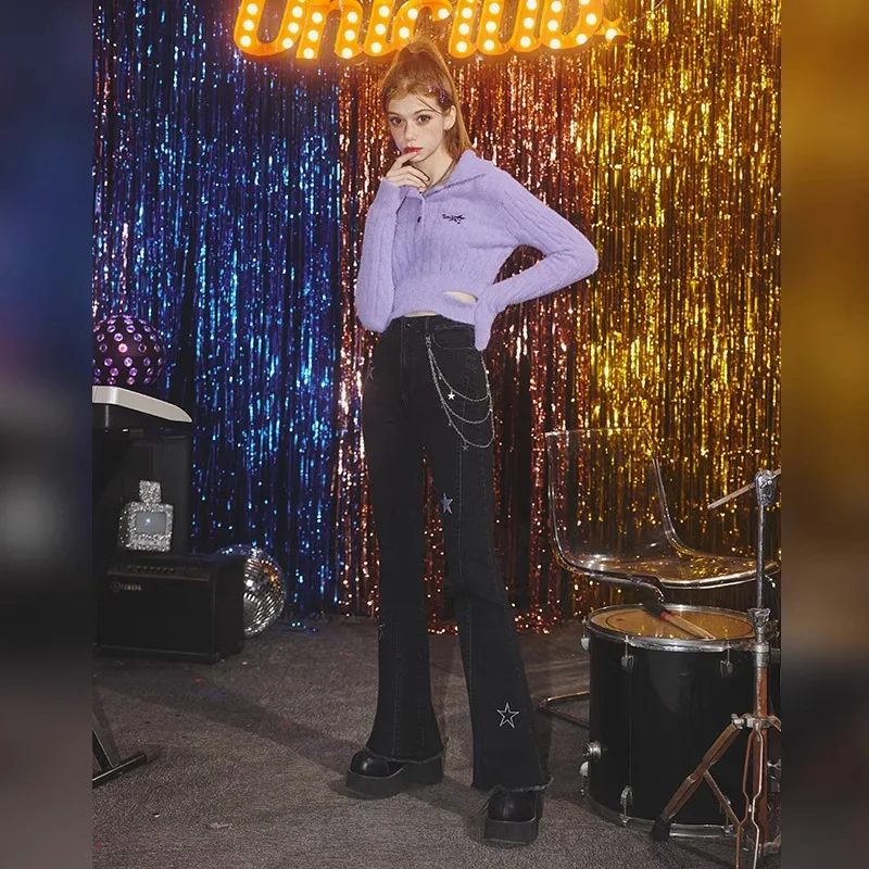 UNIFREE Star Embroidery Women's Jeans Hotsweet Streetwear Slim Ankle-Length Flare Pants Fashion Sexy High Street Jeans Pants