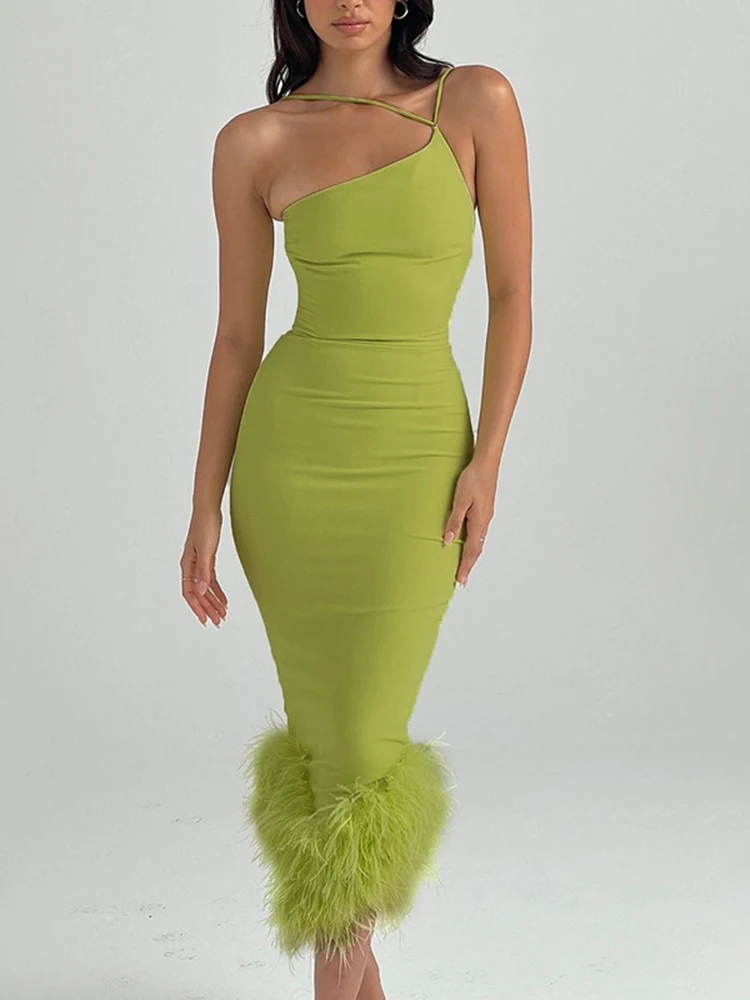 

Elegant Feathers Midi Dress for Women Clothes Gown Summer Sleeveless Party Club Asymmetrical Long Dresses Vestido