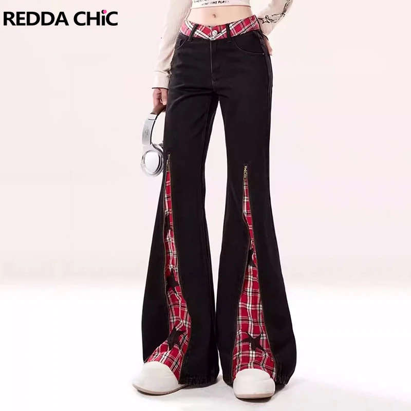 Женские расклешенные джинсы REDDACHiC в клетку Приталенные брюки с высокой талией на