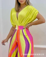 womens 2022 new summer womens 2 piece deep v pleated zou top and printed wide leg pants suit