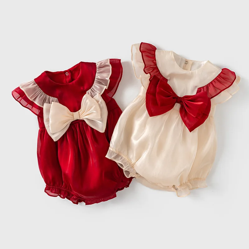 

KOKI Baby Girl Clothes Big Bow Butterfly High Quality Satin Princess Anniversary Romper Red Beige Party New Born Baby Items