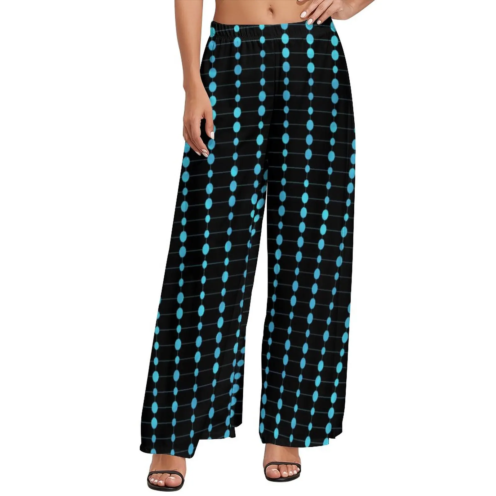 

Blue Dots And Stripes Pants Modern Art Office Wide Leg Pants Womens Oversized Beach Print Straight Trousers