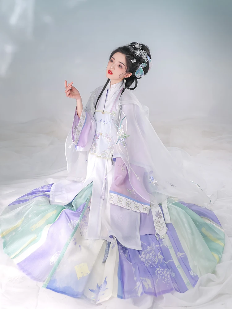 

5 PCS HuaJianXue Multicolor Splicing Hanfu Dress Set Chinese Style Embroidered Stand Collar Blouse Yarn Cloak Ming Dynasty Suit