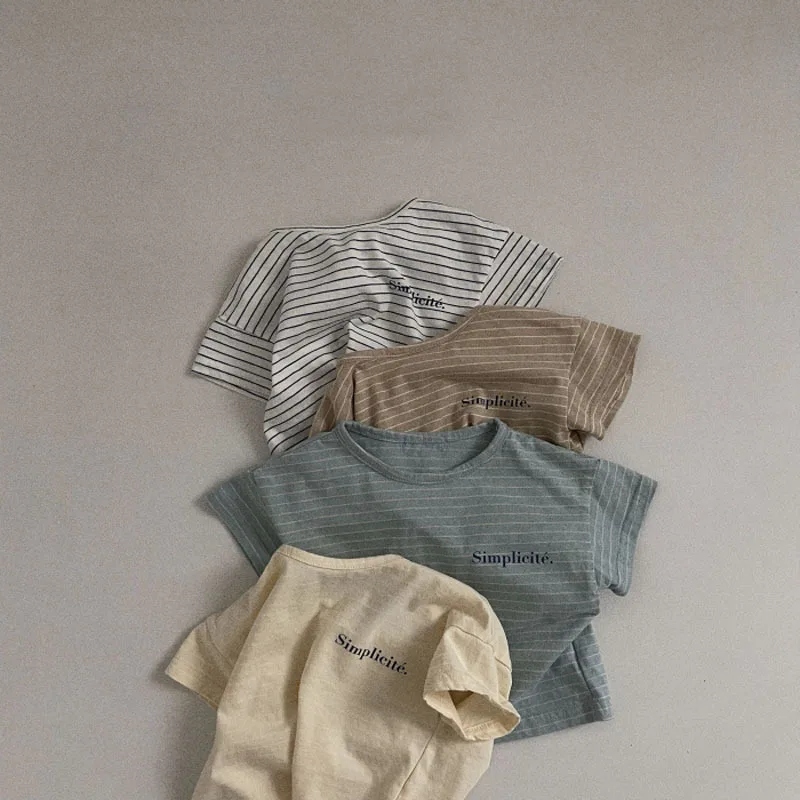 

Kid Boy Casual Simple Striped Short Sleeves Tops Toddler T-shirt Girl Summer All-match Loose Thin Solid Cotton Letter Tshirt
