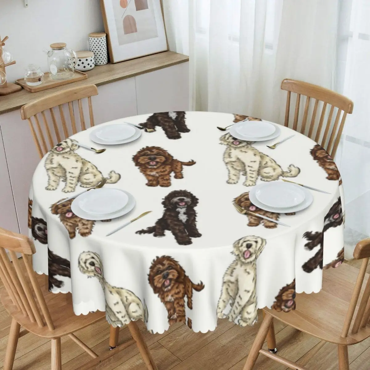 Round Poodle Cross Collection Tablecloth Waterproof Oil-Proof Table Cover 60 inches Labradoodle Sproodle Table Cloth