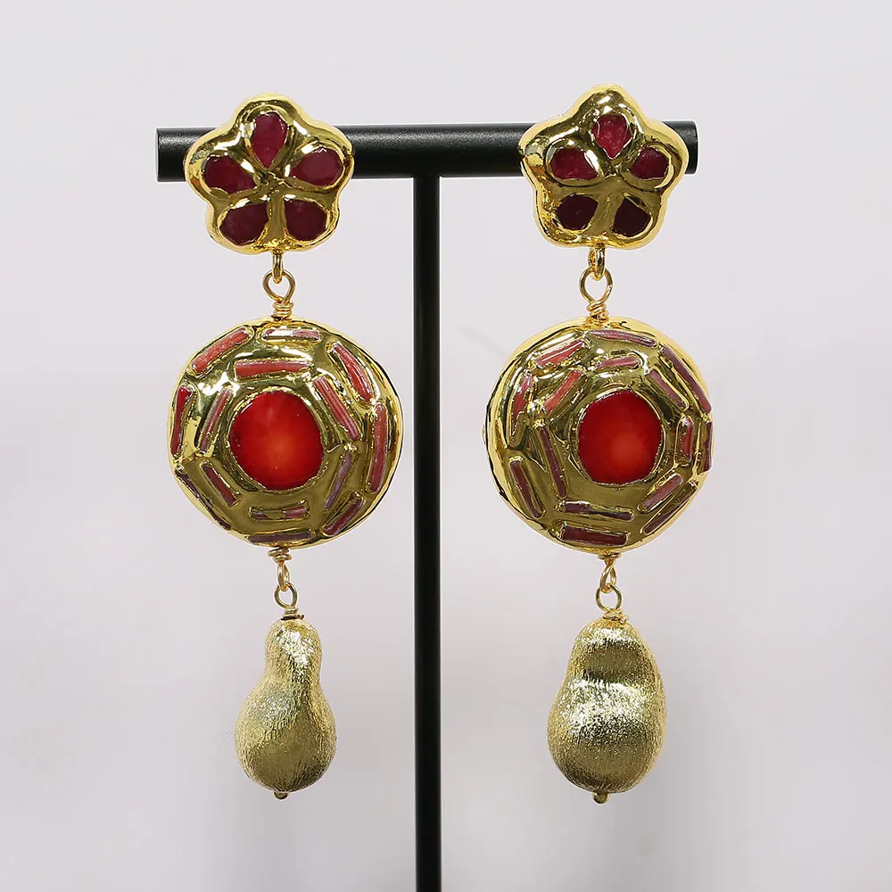 

Gold Plated Red Coral Beads Brushed Beads Red Jade Flower Stud Dangle Earrings For Lady Gifts