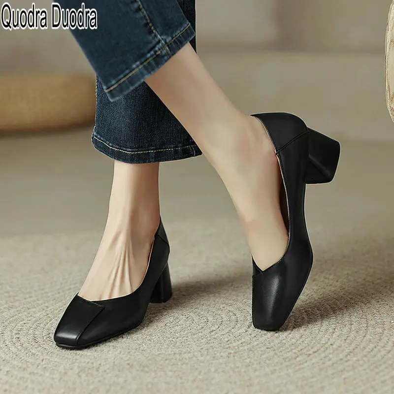 

Туфли-лодочки женские на высоком толстом каблуке, Повседневные Вечерние тные, однотонные, заостренный носок, пряжка, летняя модель