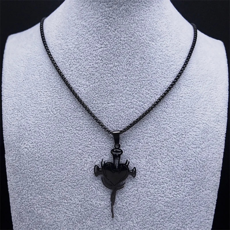 Женское колье из нержавеющей стали Goth Nail Cross Heart черное ожерелье в готическом