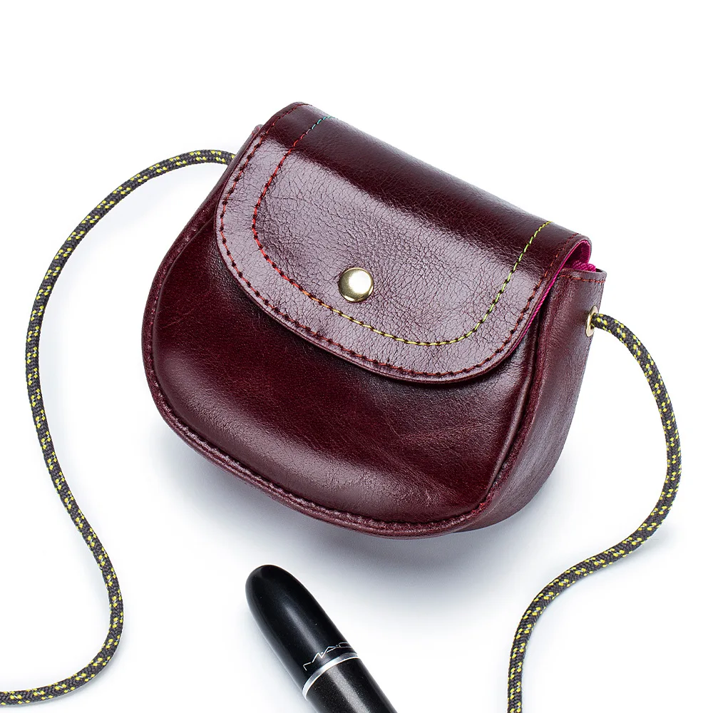 

New Lady Small Items Holder Oil Waxed Genuine Cowhide Top Layer Cow Leather Flap Hasp Single Shoulder String Mini Travel Bag