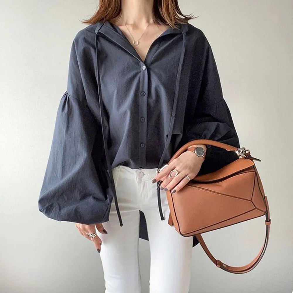 

Women Shirt Office Lady Casual Lantern Sleeve Fashion Korean Oversized Blouse Lapel Long-Sleeve Loose Female Woman Tops Shirts