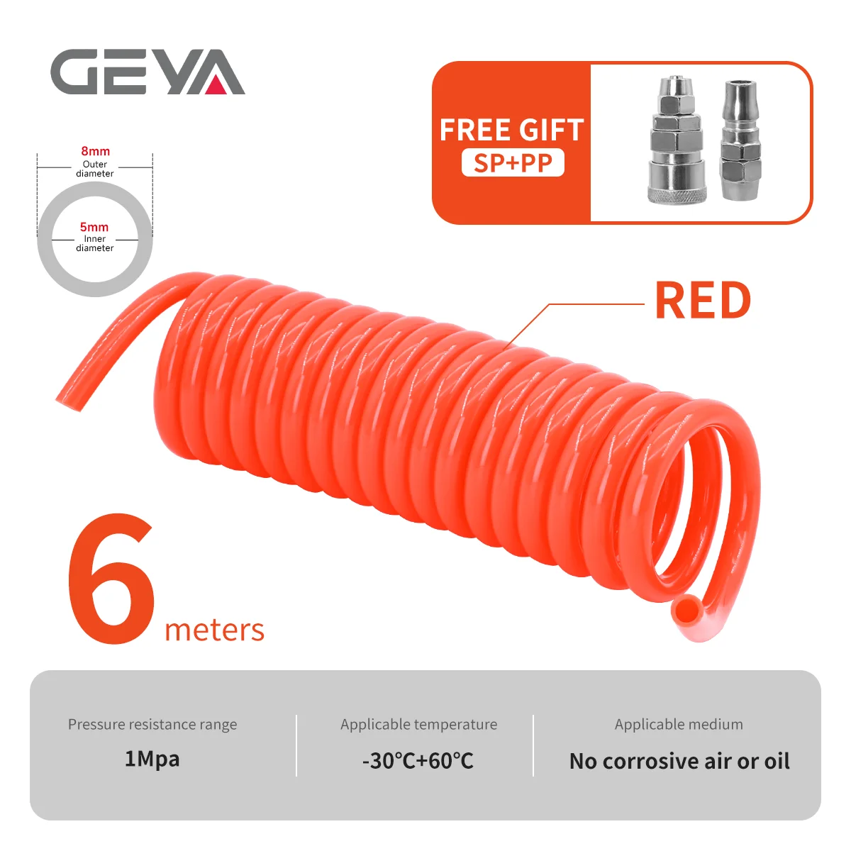 

GEYA Пружинный шланг из искусственной кожи, красный шланг для пневматических инструментов, воздушный шланг, спиральная труба, полиуретановый шланг для откатного воздушного компрессора, длинный пневматический шланг