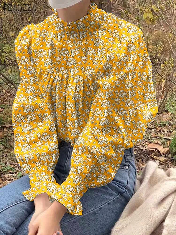 

ZANZEA Women Printing Shirt Pleated High Neck Casual Blusa Chic Long Puff Sleeve Blouses Elegant 2023 Spring Autumn Ruffled Tops