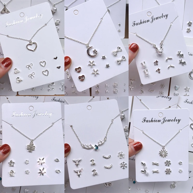 

Zircon Ear Stud Necklace Set Christmas Gifts Korean ELK Star Heart Daisy Pendant Necklace Stud Earrings Silver Color Jewelry Set