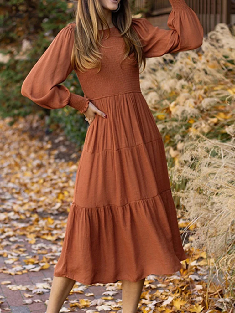 

Новое Осеннее женское платье с длинным рукавом и круглым вырезом, длинные платья для женщин, однотонная плиссированная женская одежда