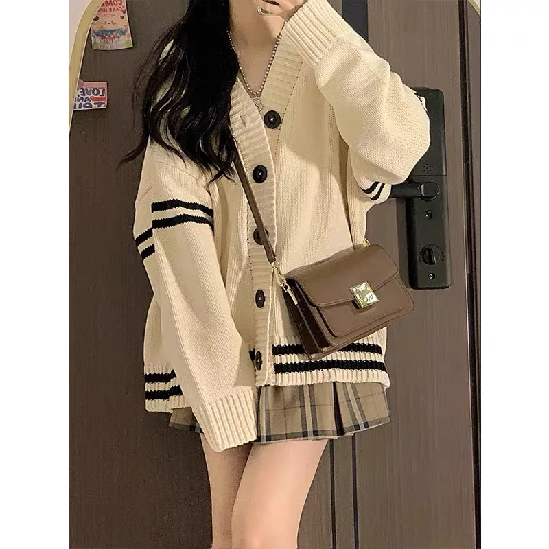 

Осень-зима 2022, кардиган с V-образным вырезом, модный свободный свитер в Корейском стиле для студентов, вязаный кардиган, топы, новинка 22958