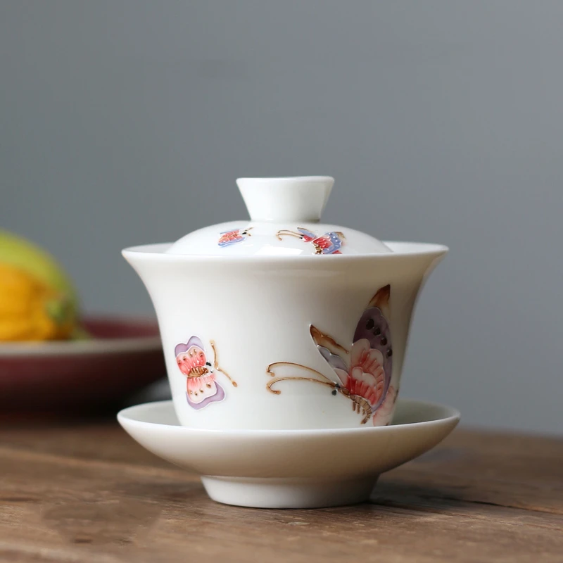 

100ml Hand Painted Butterfly Porcelain Gaiwan For Tea Chinese Tureen Lid Teaware Tea Ceremony Set Kids Cups Bowls Lotus Chawan