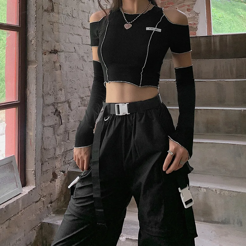 

Summer Gothic Black T-shirt Women Korean Style Streetwear Y2k Kpop Crop Top Off-Shoulder Harajuku Casual Blouse +Oversleeve