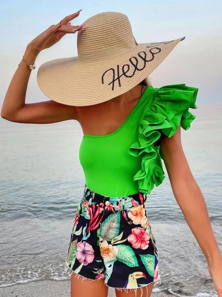 

Foridol One Shoulder Ruffled High Fashion Bodysuit Black Women Casual Skinny One Piece Overalls Femme Autumn Sleeveless Body