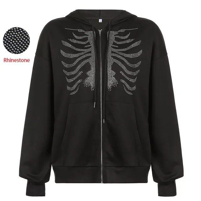 

Up Gothic Black Hoodie Y2k Women Rhinestone Punk E-girl Streetwear Harajuku Vintage Long Sleeve Outwear