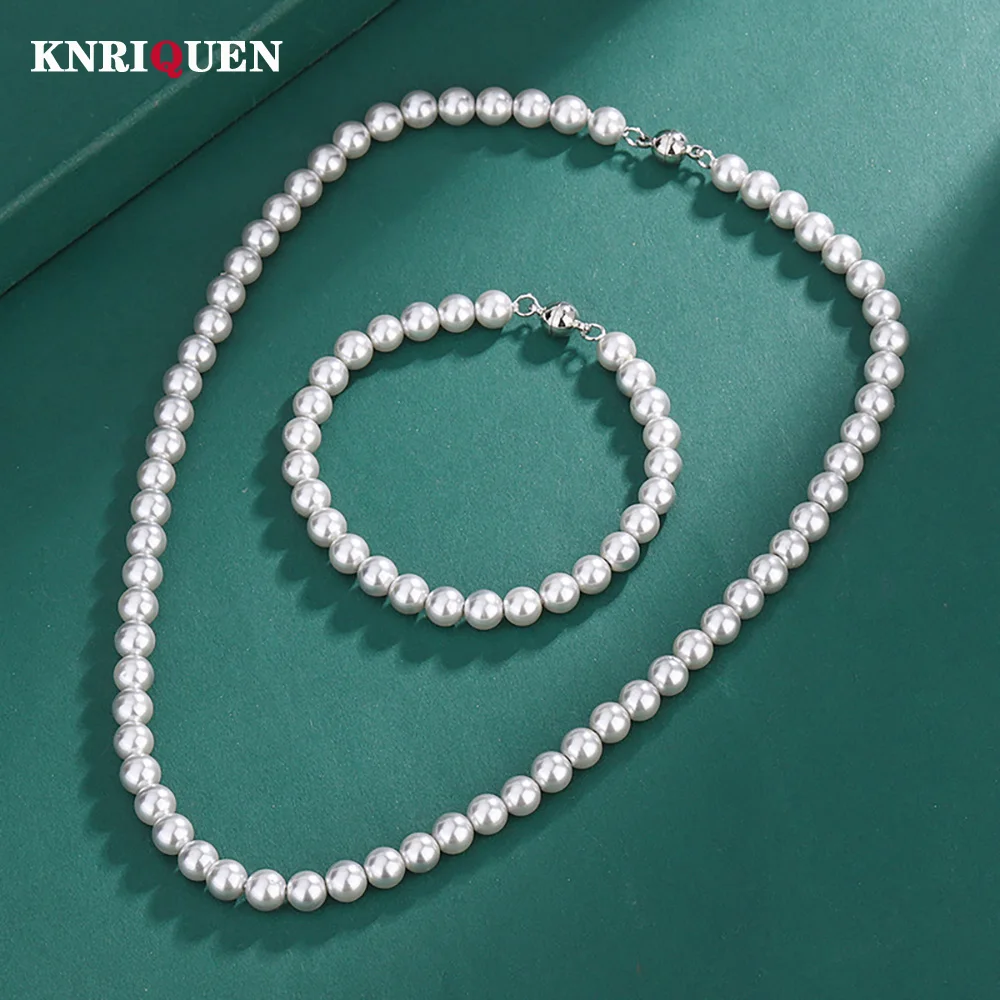 

Vintage Charms 6mm Grey Pearl Choker Necklace Bracelets for Women Wedding Engagement Jewelry Set Fashion Lady Anniversary Gift