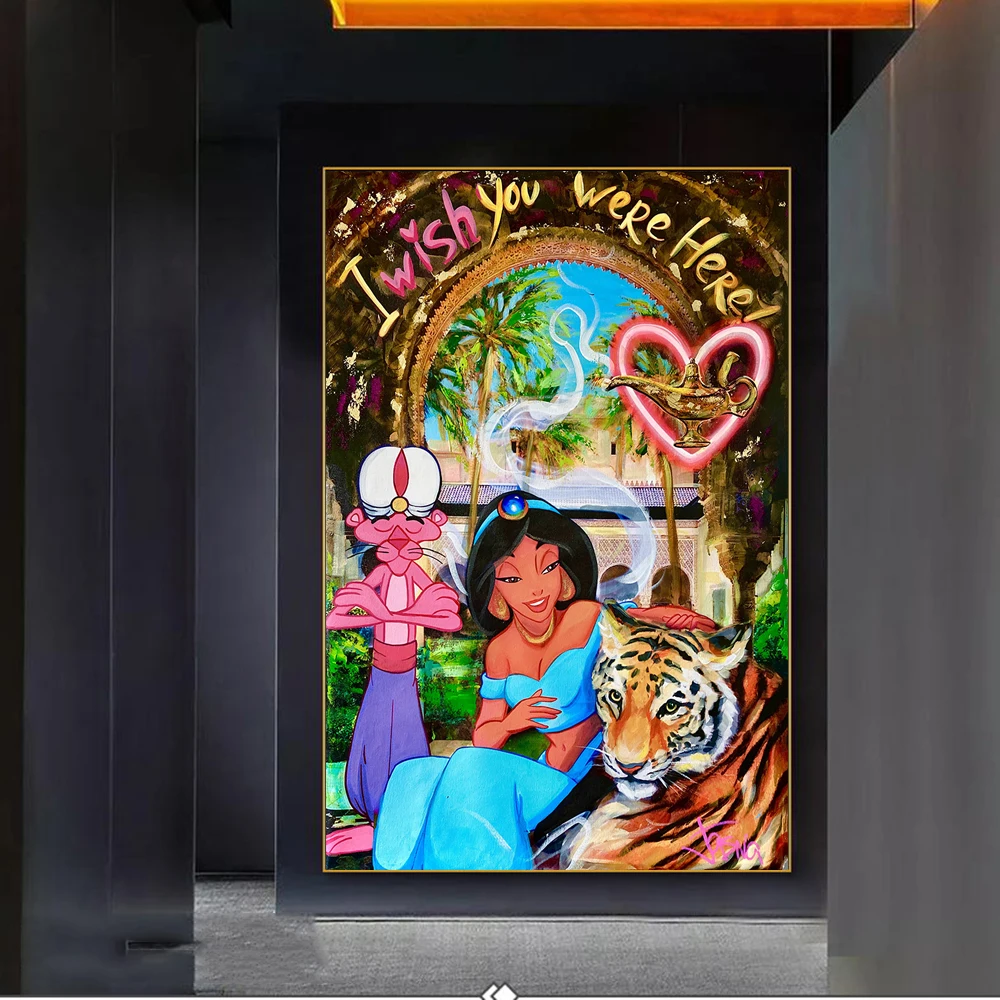

Disney Princess With Tiger Graffiti Art Posters and Prints Jasmine Portrait Canvas Paintings on the Wall Art Pictures Kids Room