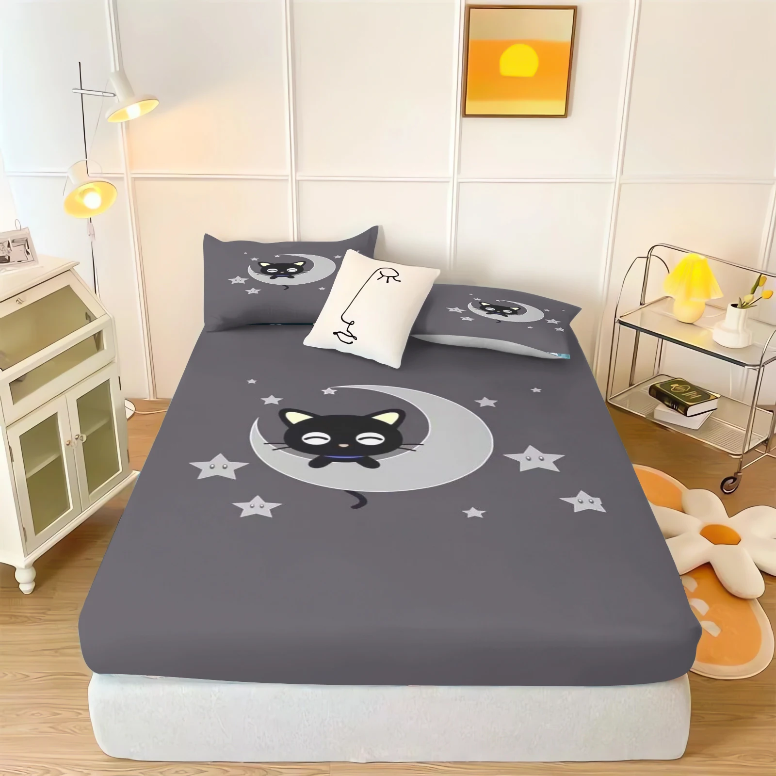 Фото MINISO простыня с рисунком кота CHOCOCAT, детская простыня, покрытие, эластичное постельное белье с цифровой печатью для подростков №2