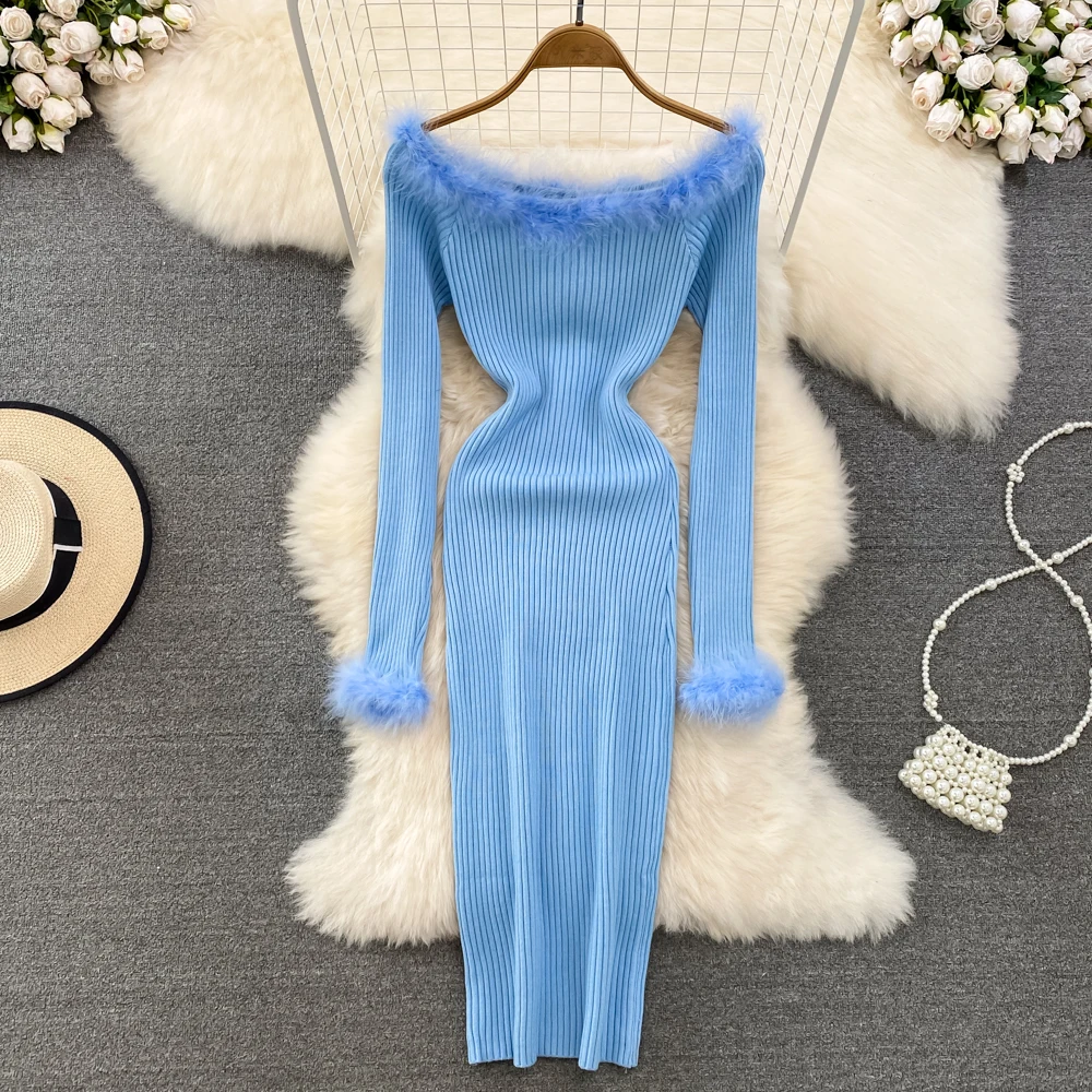 

Женское вечерние котажное платье миди с открытыми плечами, длинным рукавом и воротником-лодочкой