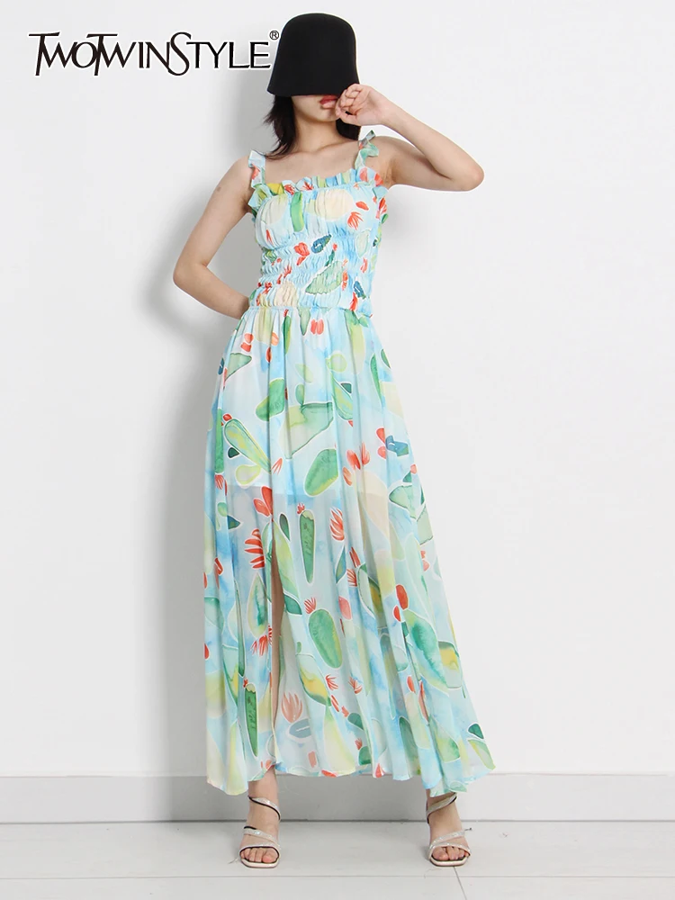 

TWOTWINSTYLE 2023 Summer Dresses For Women Square Collar Sleeveless High Waist Backless Folds Fashion Dress Female Clothing New