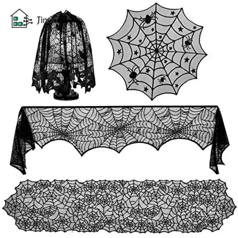 

Всесезонный абажур, атмосферное украшение на Хэллоуин, шторы «летучая мышь», веб-дизайн, высококачественная ткань для камина, Черное кружево