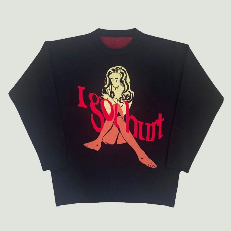 

Fashion Cartoon Woman Letter Printed Sweaters Mens Streetwear Vintage Harajuku Oversized O-Neck Knitted Pullovers Unisex Black