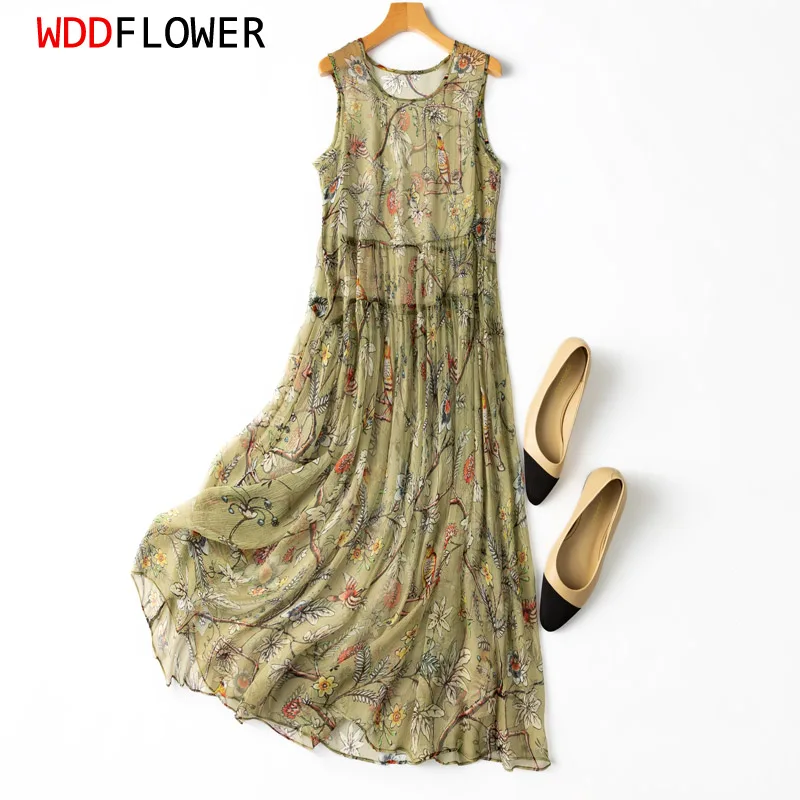 

Women 100% Mulberry Silk Sleeveless Tank Midi Dress Round neck Grass green Birds Printed Big Hem MM434