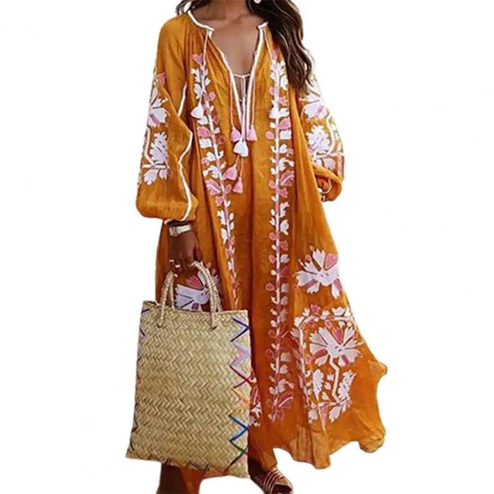 

Long Dress Women's Fashion Casual Loose Bohemian Lace-up Tassel Long Sleeve Maxi Dress Colorful Flower Print V-neck Women Dress