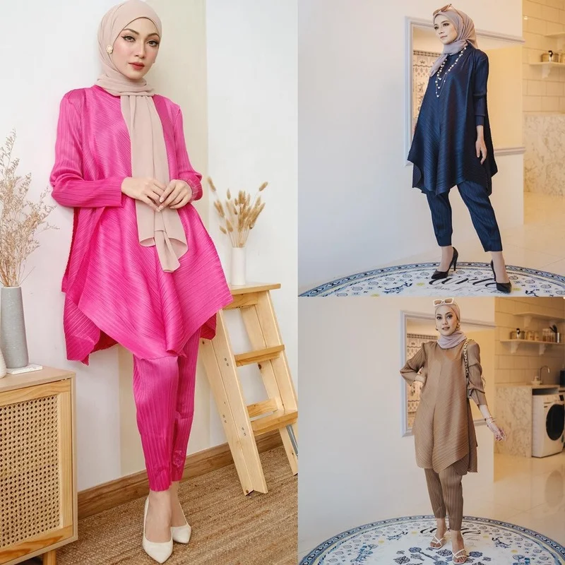 

Women Loose Pleated Suit Muslim 2-Piece Suit Autumn Long Sleeve O-Neck Pullover Irregular Top Elastic-Waist Straight Pants Suit