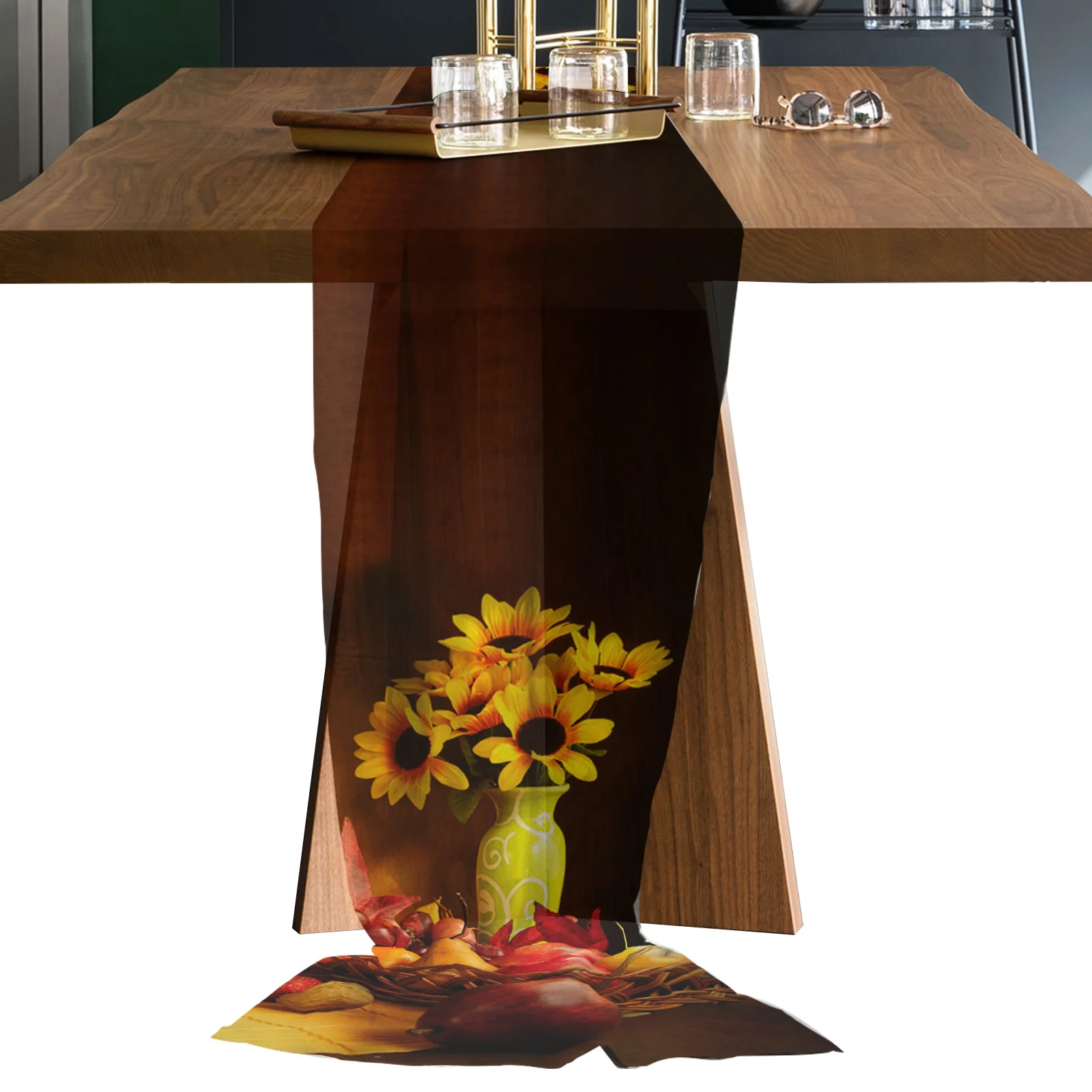 

Red Wine Fruit Food Sunflower Chiffon Table Runner for Wedding Hotel Sheer Tablecloth Home Kitchen Decor Voile Table Runners