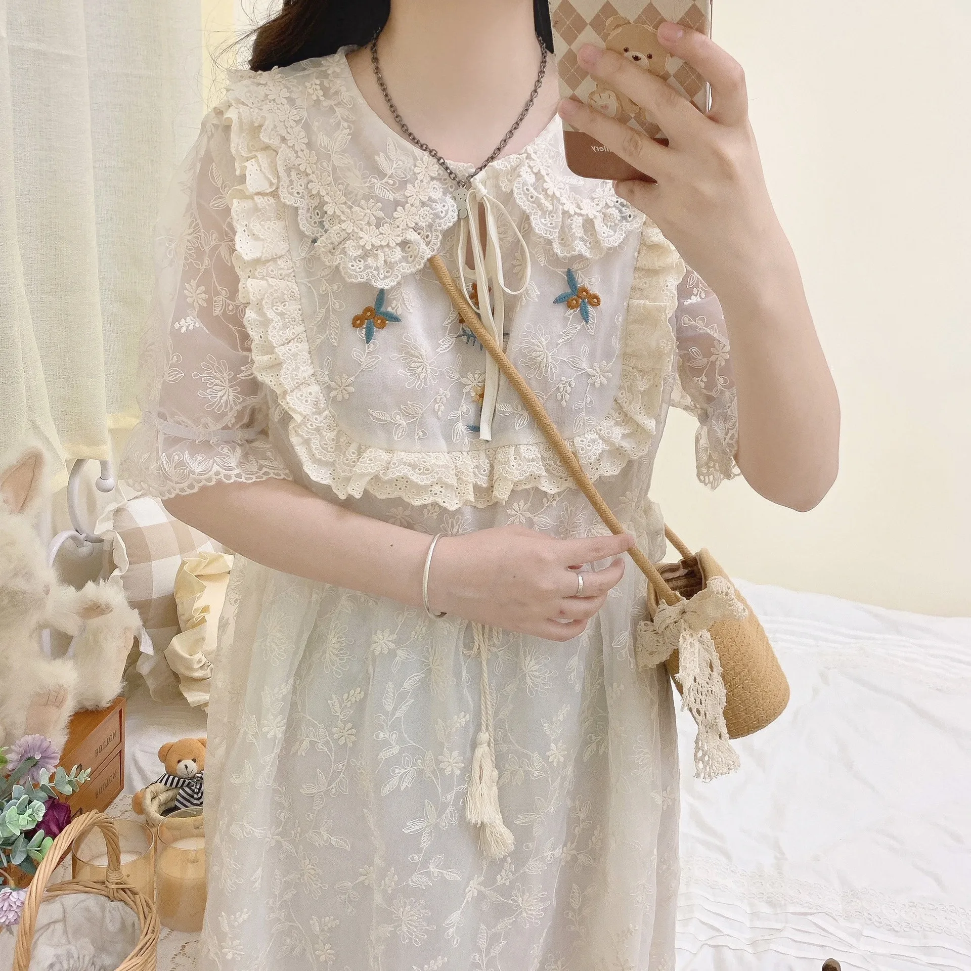 

Женское винтажное Кружевное платье миди Rococo с цветочной вышивкой, свободное милое длинное платье в японском стиле девушки Мори, прерии, Лол...