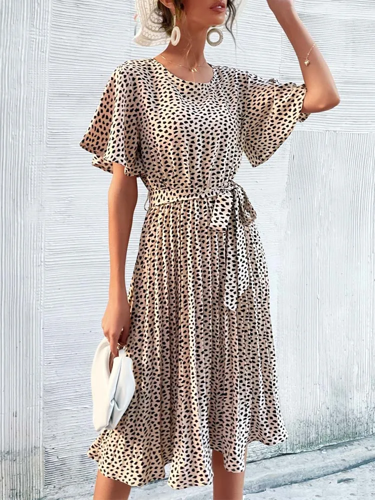 

Женское леопардовое Плиссированное Платье, ТРАПЕЦИЕВИДНОЕ ПЛАТЬЕ с оборками и коротким рукавом, платье для женщин, лето 2023