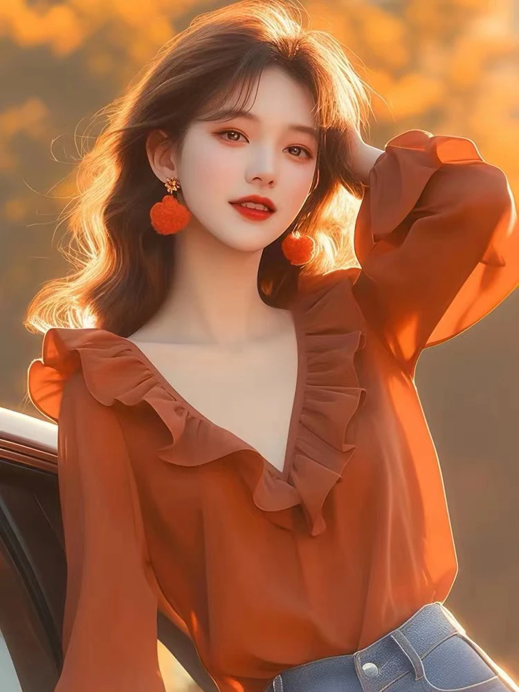 Красные рубашки с длинными рукавами. Осенняя одежда. Женские модели. 2024. Новые