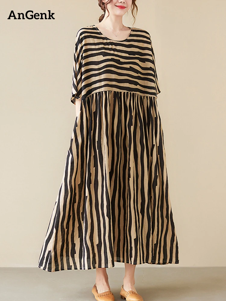 

Cotton Vintage Striped Dresses For Women New Short Sleeve Loose Casual Long Summer Dress Vestidos Fashion Elegant Clothing 2022
