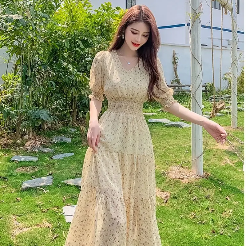 

French Style Floral Dress Women Summer New Design Graceful Ladylike Seaside Holiday Chiffon V-neck Slim Female Long Dresses E06