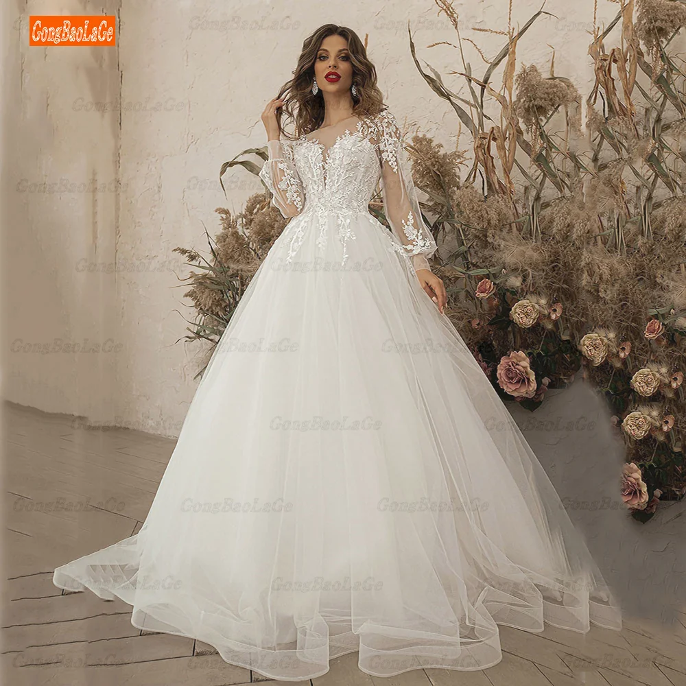 Купи GongBaoLaGe Wedding Dresses Long Sleeve Appliques Lace 3D Flowers Modern Tulle Boho Bride Gown 2022 vestidos de novia за 5,335 рублей в магазине AliExpress