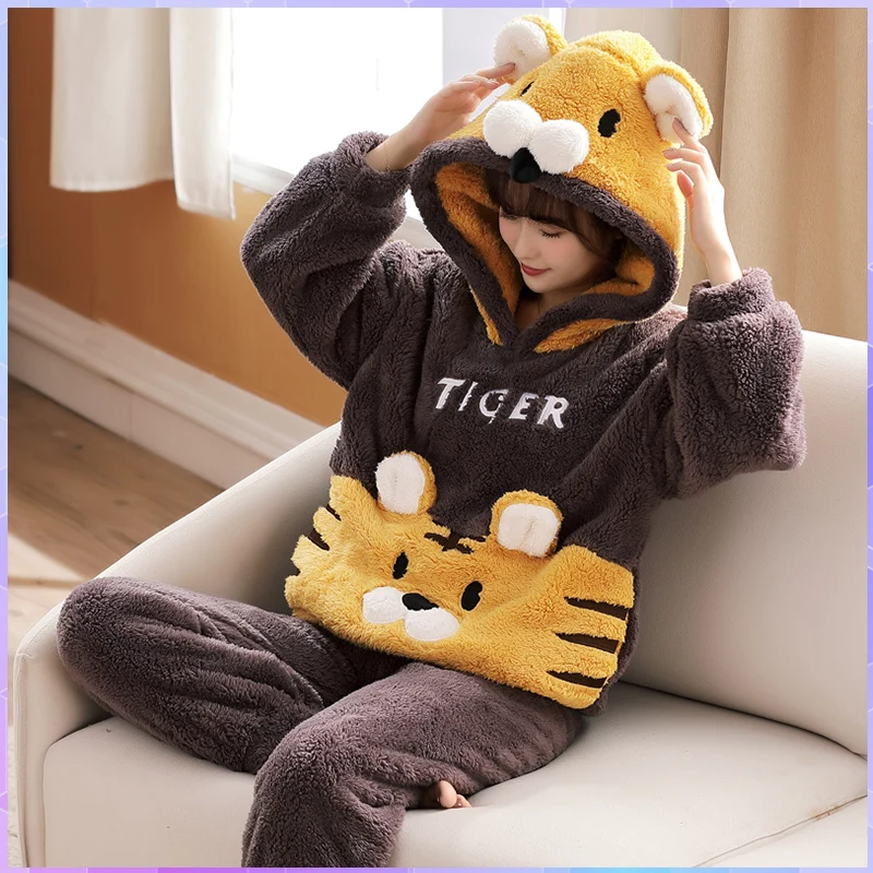 Family Pajamas Set Thick Winter Flannel Homewear Female Women Warm Sleepwear Unisex Tops Pants Couples Home Clothes Trouser Suit