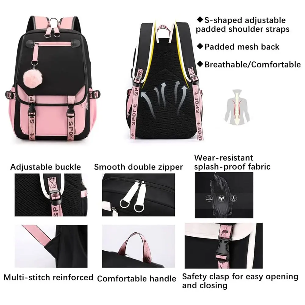 School Backpack Girls Bookbag, Heavy Duty Kids Backpack 21L Children Schoolbag Bookbag with USB Charge Port